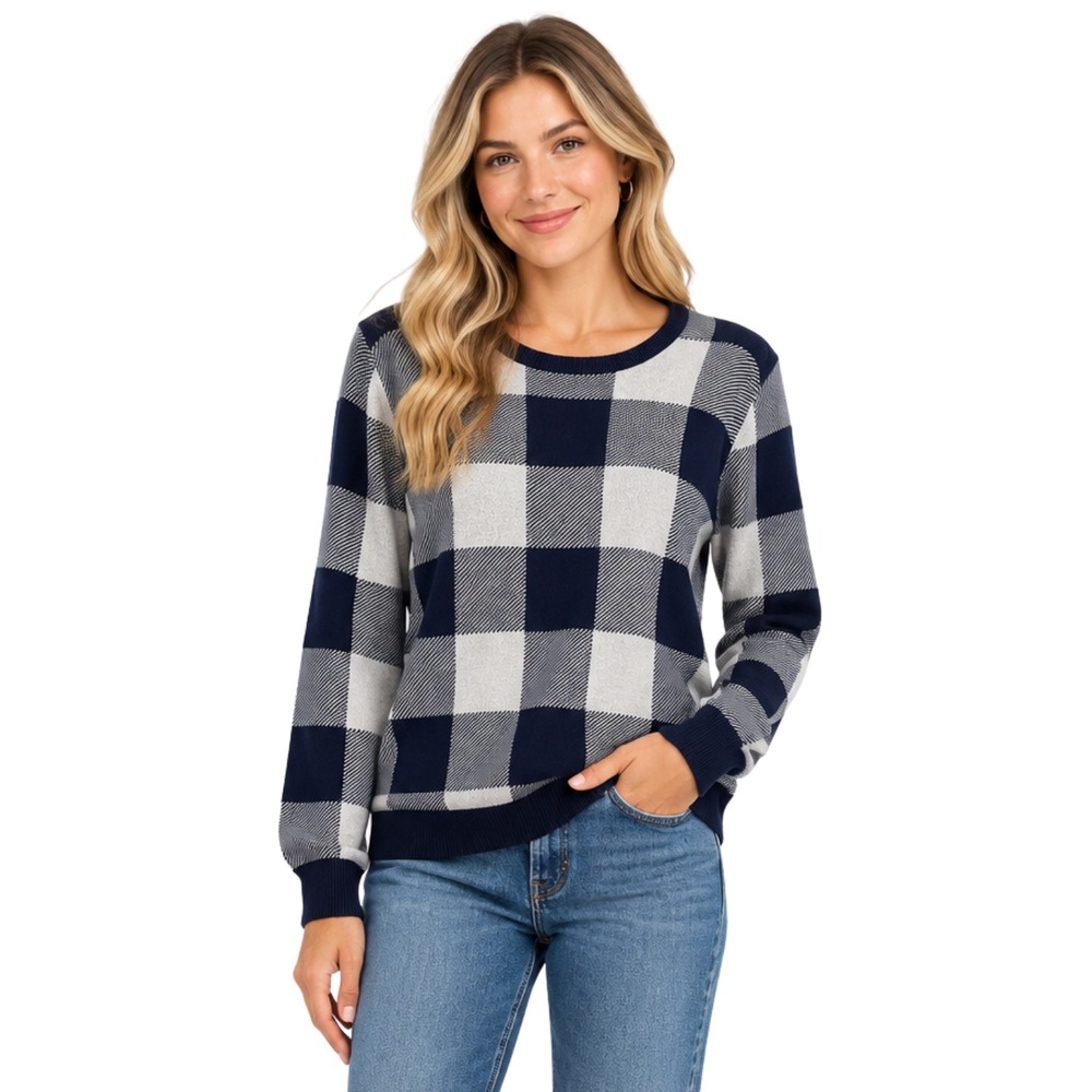 J. Crew Teddie Sweater Womens‎ Medium Navy Blue White Buffalo Check Cotton Knit